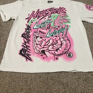 HELLSTAR Mens White Graphic T Shirt Brain Flame Print Short Sleeve Tee Size M